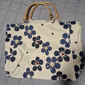 Vintage Canvas Beach Bag with Bamboo Handles